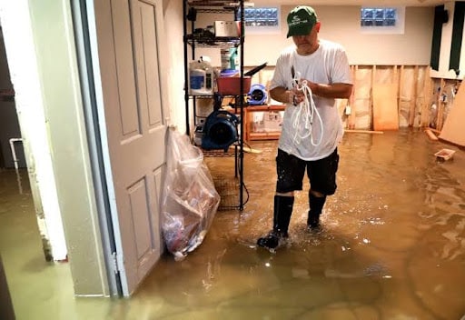 A man in a flooded home