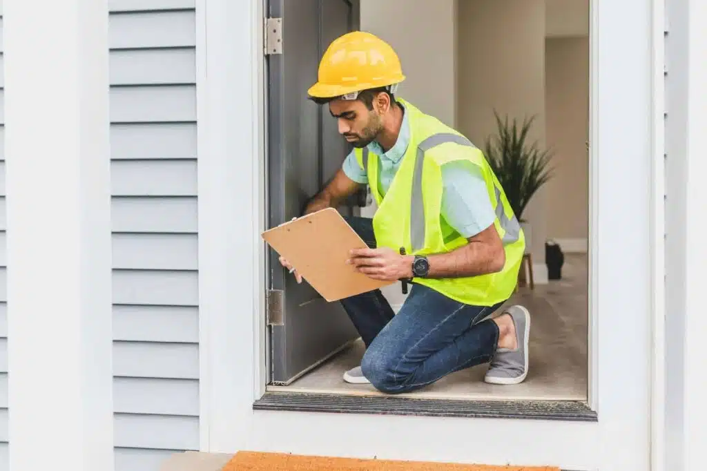 A man in a hard hat and safety vest inspects a home.