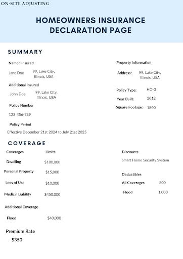 A sample of a homeowners insurance declaration page by On-Site Adjusting