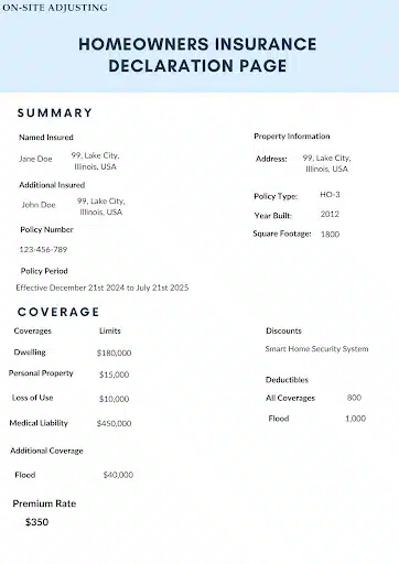 A sample of a homeowners insurance declaration page by On-Site Adjusting